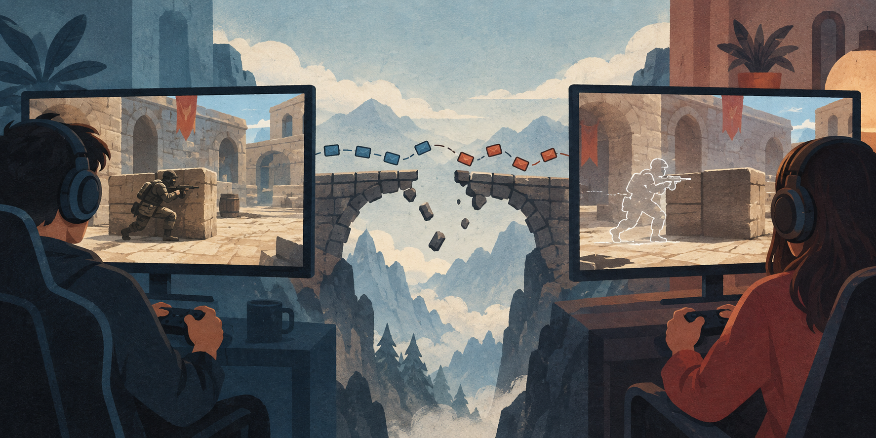 Two players see different moments of the same encounter, separated by a broken bridge carrying network packets.