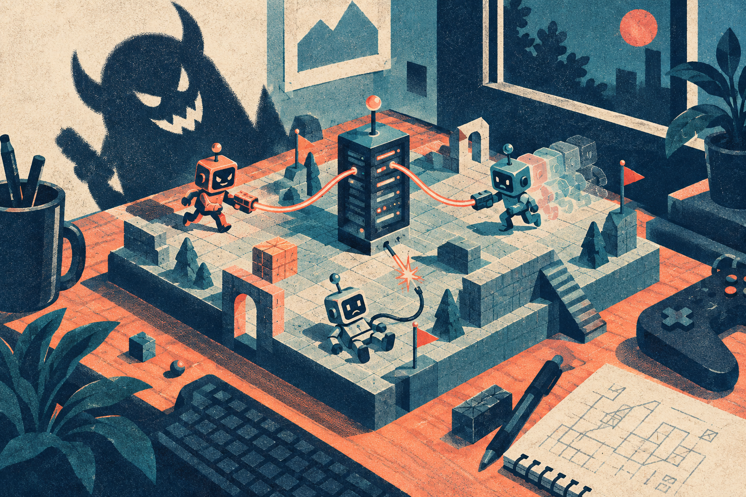 A multiplayer arena connected to a server, with cheating, broken connections, and delayed movement illustrated.